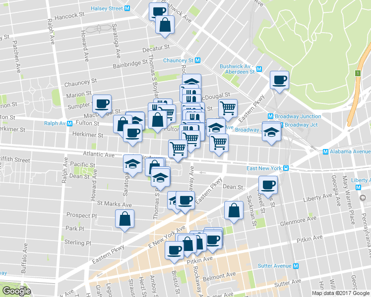 map of restaurants, bars, coffee shops, grocery stores, and more near 180 Rockaway Avenue in Brooklyn