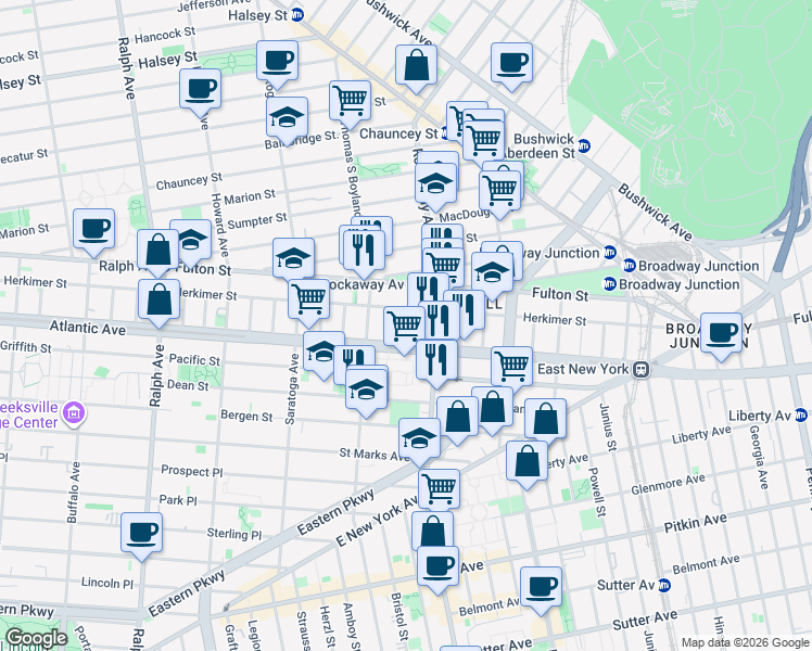 map of restaurants, bars, coffee shops, grocery stores, and more near 19 Marconi Place in Brooklyn