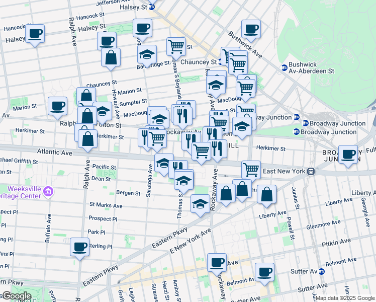 map of restaurants, bars, coffee shops, grocery stores, and more near 2025 Atlantic Avenue in Brooklyn