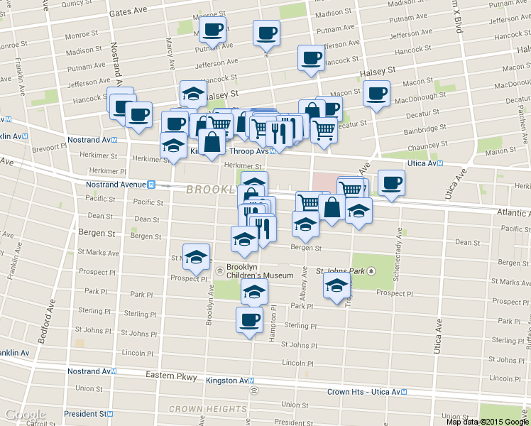map of restaurants, bars, coffee shops, grocery stores, and more near 1474 Pacific Street in Brooklyn