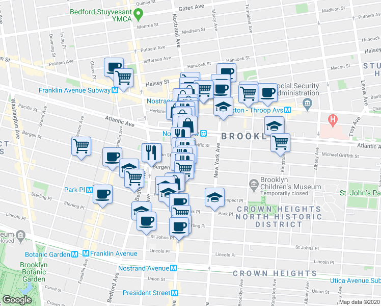 map of restaurants, bars, coffee shops, grocery stores, and more near 628 Nostrand Avenue in Brooklyn