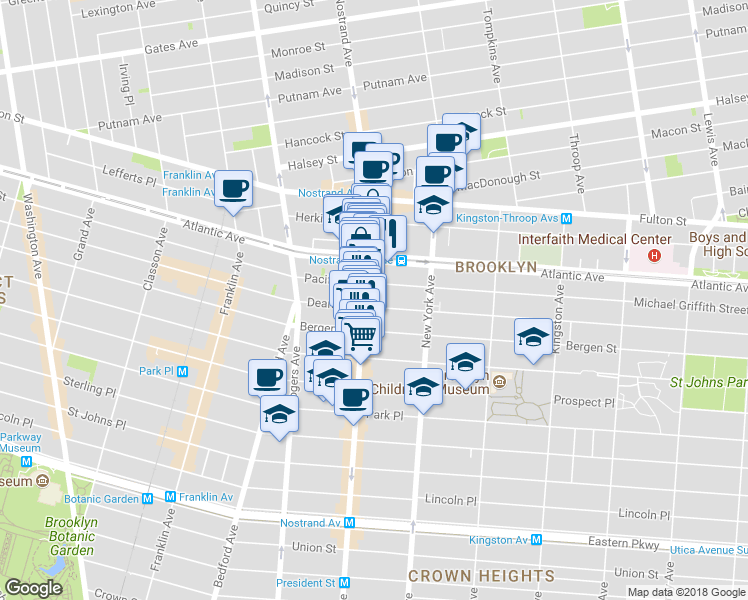 map of restaurants, bars, coffee shops, grocery stores, and more near 628 Nostrand Avenue in Brooklyn