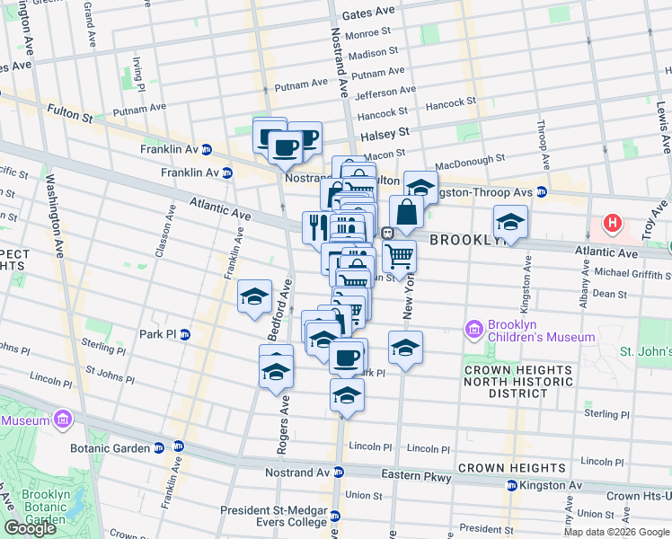 map of restaurants, bars, coffee shops, grocery stores, and more near 628 Nostrand Avenue in Brooklyn
