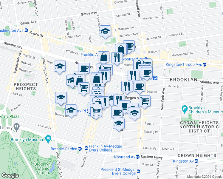 map of restaurants, bars, coffee shops, grocery stores, and more near 1076 Dean Street in Brooklyn