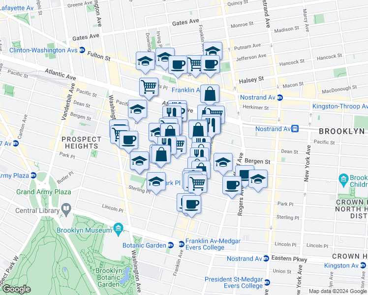 map of restaurants, bars, coffee shops, grocery stores, and more near 904 Bergen Street in Brooklyn