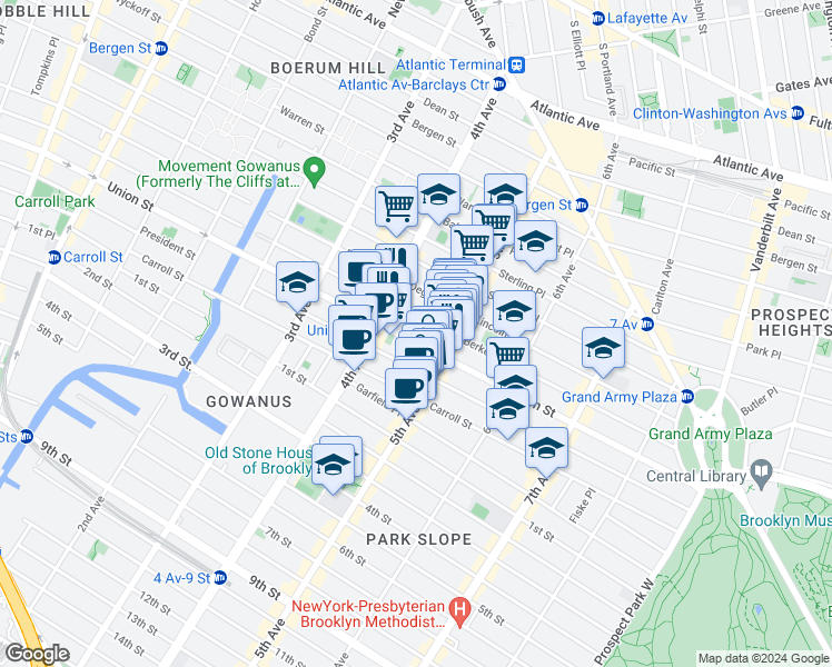 map of restaurants, bars, coffee shops, grocery stores, and more near 208 5th Avenue in Brooklyn