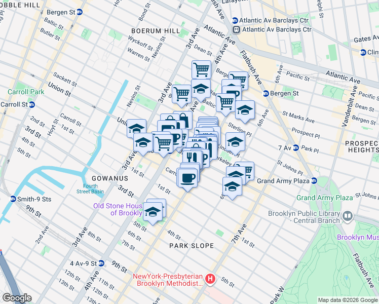 map of restaurants, bars, coffee shops, grocery stores, and more near 208 5th Avenue in Brooklyn