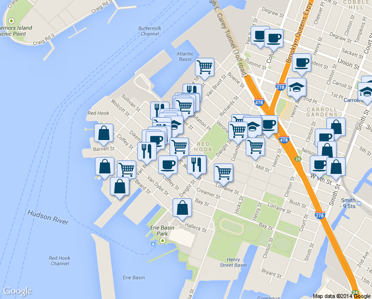 map of restaurants, bars, coffee shops, grocery stores, and more near 71 Sullivan Street in Brooklyn
