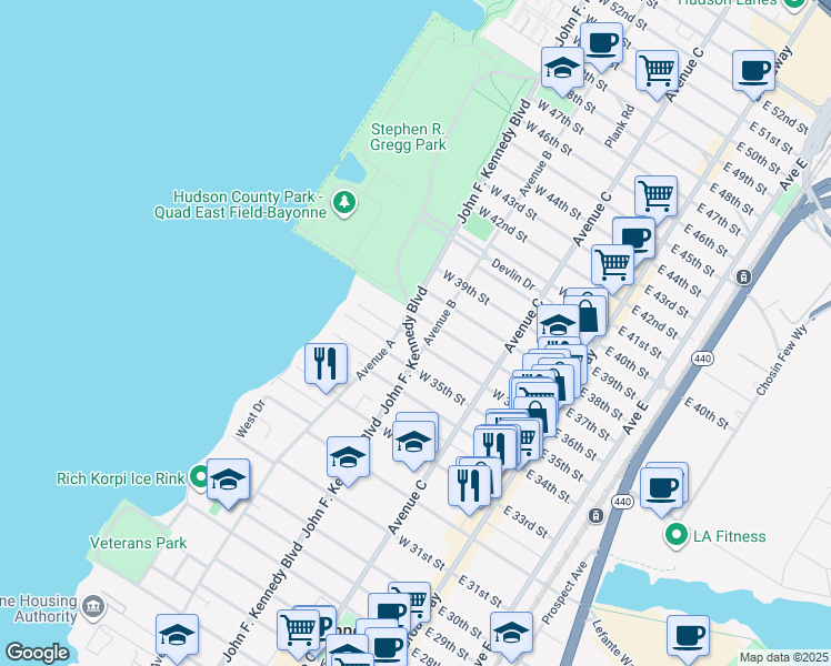 map of restaurants, bars, coffee shops, grocery stores, and more near 838 Avenue A in Bayonne