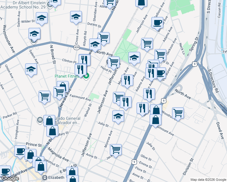 map of restaurants, bars, coffee shops, grocery stores, and more near 647 Madison Avenue in Elizabeth