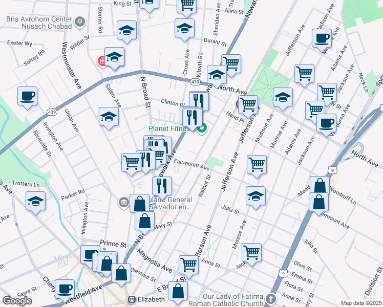 map of restaurants, bars, coffee shops, grocery stores, and more near 613 Pennsylvania Avenue in Elizabeth