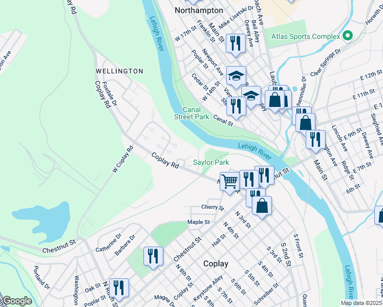 map of restaurants, bars, coffee shops, grocery stores, and more near 5110 Saylor Park Drive in Lehigh County