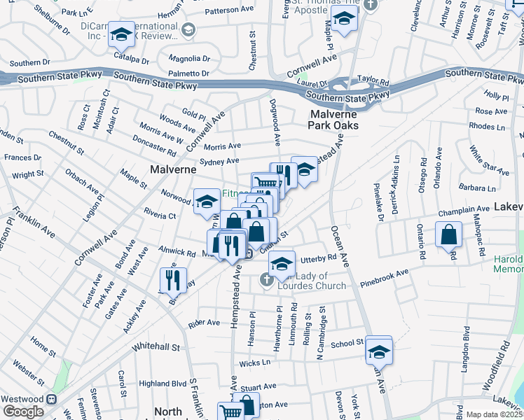 map of restaurants, bars, coffee shops, grocery stores, and more near 344 Francis Street in Malverne