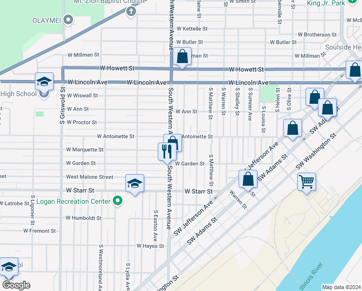 map of restaurants, bars, coffee shops, grocery stores, and more near 1015 South Greenlawn Avenue in Peoria