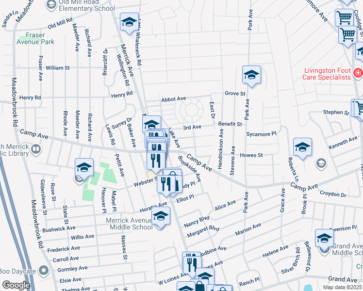 map of restaurants, bars, coffee shops, grocery stores, and more near 4 Lake Avenue in Merrick