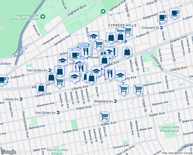 map of restaurants, bars, coffee shops, grocery stores, and more near 350 Linwood Street in Brooklyn