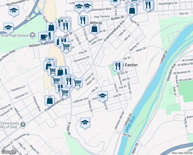 map of restaurants, bars, coffee shops, grocery stores, and more near 958 South 23rd Street in Easton