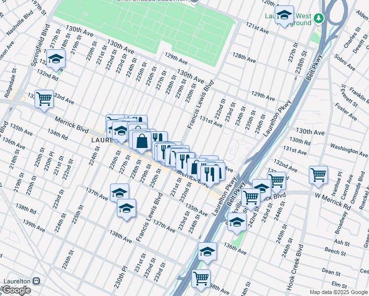 map of restaurants, bars, coffee shops, grocery stores, and more near 131-81 Francis Lewis Boulevard in Queens