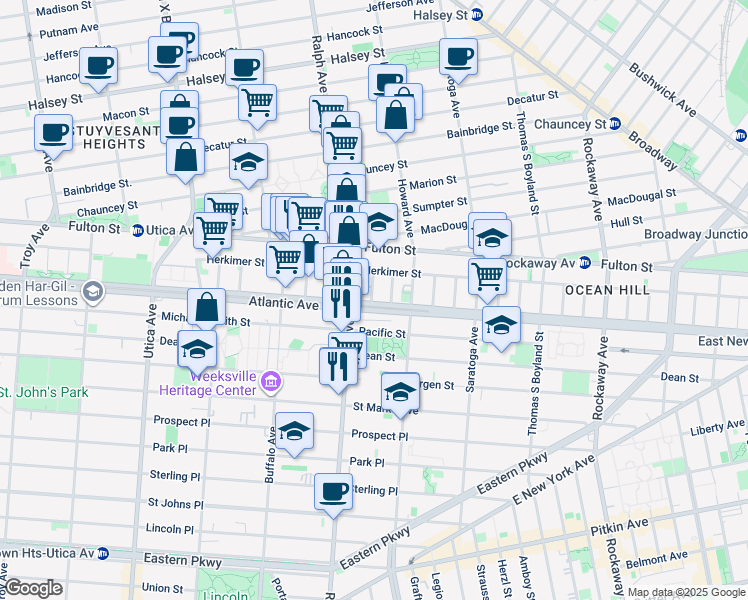map of restaurants, bars, coffee shops, grocery stores, and more near 27 Prescott Place in Brooklyn