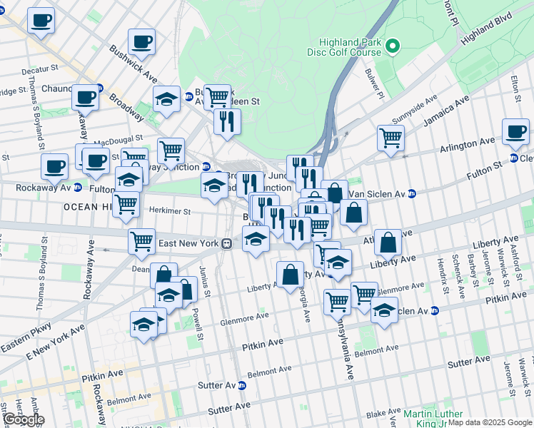 map of restaurants, bars, coffee shops, grocery stores, and more near 2350 Broadway in Brooklyn