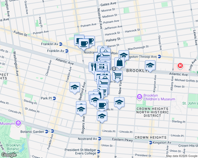 map of restaurants, bars, coffee shops, grocery stores, and more near 628 Nostrand Avenue in Brooklyn