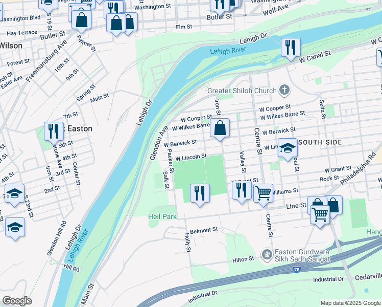 map of restaurants, bars, coffee shops, grocery stores, and more near 1043 West Lincoln Street in Easton