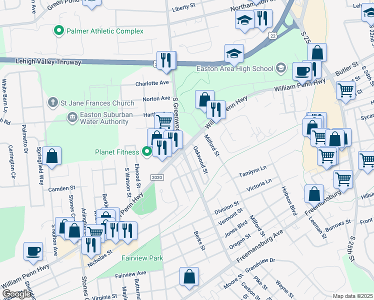 map of restaurants, bars, coffee shops, grocery stores, and more near 2960 William Penn Highway in Easton