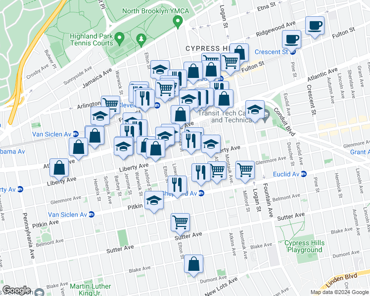 map of restaurants, bars, coffee shops, grocery stores, and more near 289 Essex Street in Brooklyn