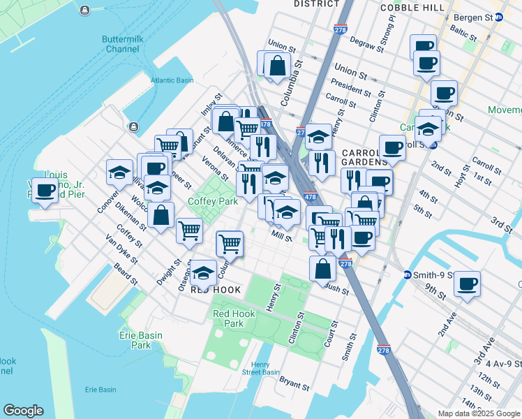 map of restaurants, bars, coffee shops, grocery stores, and more near 19 West 9th Street in Brooklyn