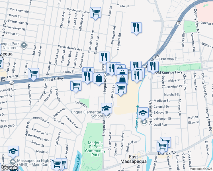 map of restaurants, bars, coffee shops, grocery stores, and more near 9 Burton Lane in Massapequa