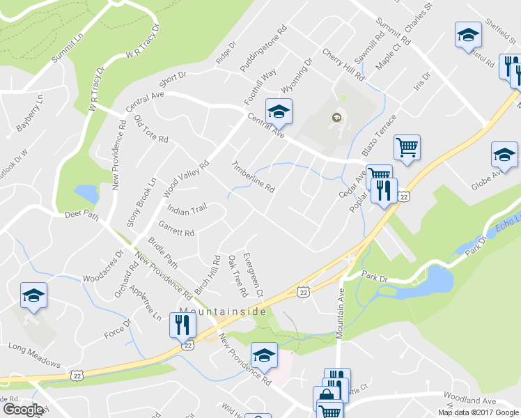 map of restaurants, bars, coffee shops, grocery stores, and more near 278 Old Tote Road in Mountainside