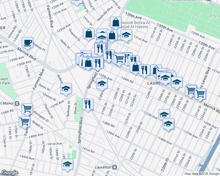 map of restaurants, bars, coffee shops, grocery stores, and more near 135-30 136th Avenue in Queens