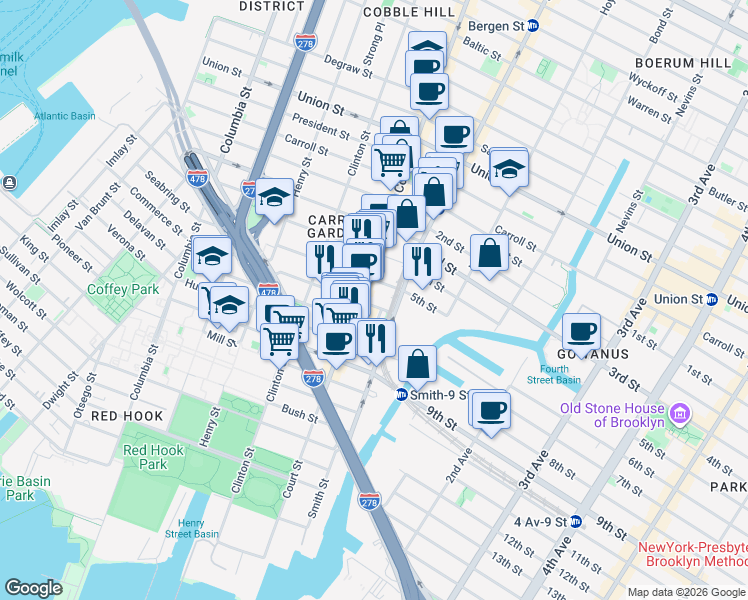 map of restaurants, bars, coffee shops, grocery stores, and more near 193 Luquer Street in Brooklyn