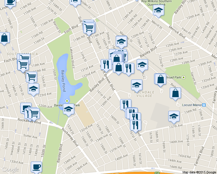 map of restaurants, bars, coffee shops, grocery stores, and more near 161-37 129th Avenue in Queens