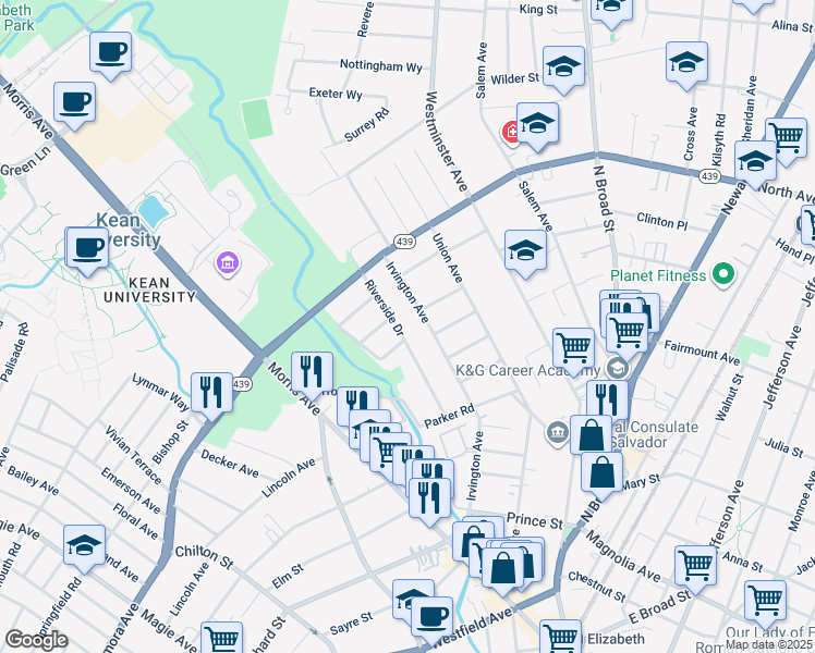 map of restaurants, bars, coffee shops, grocery stores, and more near 577 Riverside Drive in Hillside