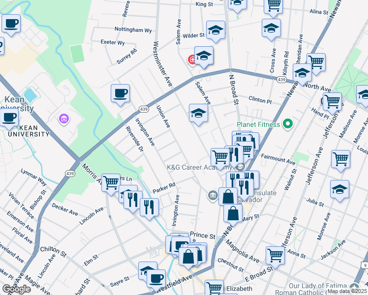 map of restaurants, bars, coffee shops, grocery stores, and more near 625 Union Avenue in Elizabeth
