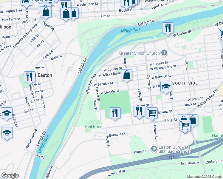 map of restaurants, bars, coffee shops, grocery stores, and more near 1033 West Lincoln Street in Easton