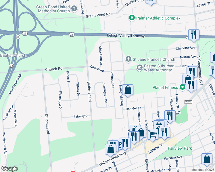 map of restaurants, bars, coffee shops, grocery stores, and more near 3758 Carrington Circle in Easton