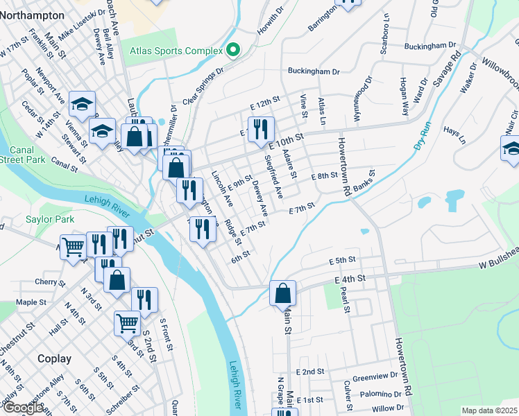 map of restaurants, bars, coffee shops, grocery stores, and more near 718 Dewey Avenue in Northampton