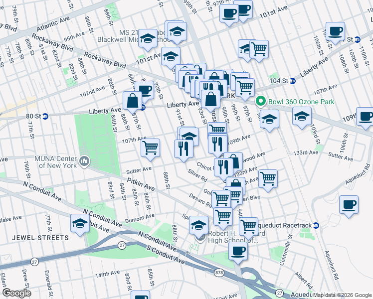 map of restaurants, bars, coffee shops, grocery stores, and more near 90-15 Sutter Avenue in Queens