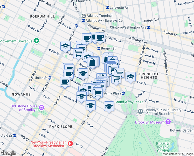 map of restaurants, bars, coffee shops, grocery stores, and more near 119 Saint Johns Place in Brooklyn