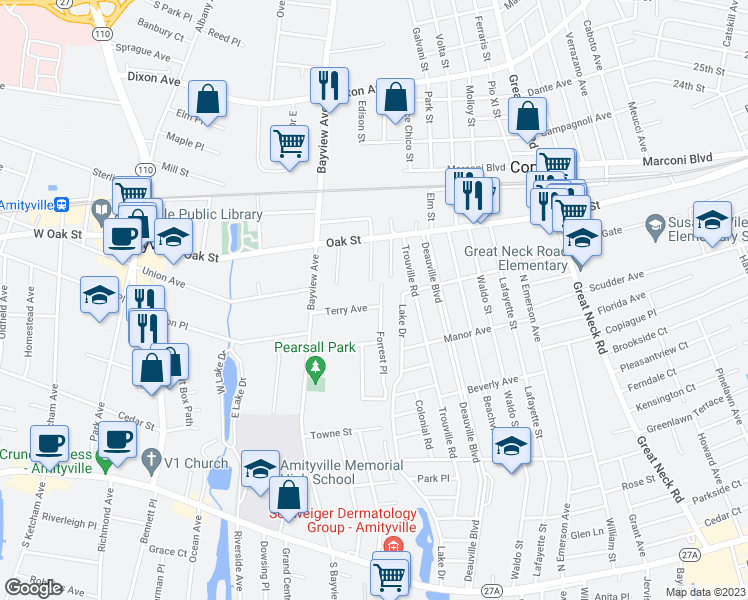map of restaurants, bars, coffee shops, grocery stores, and more near 60 Terry Avenue in Amityville