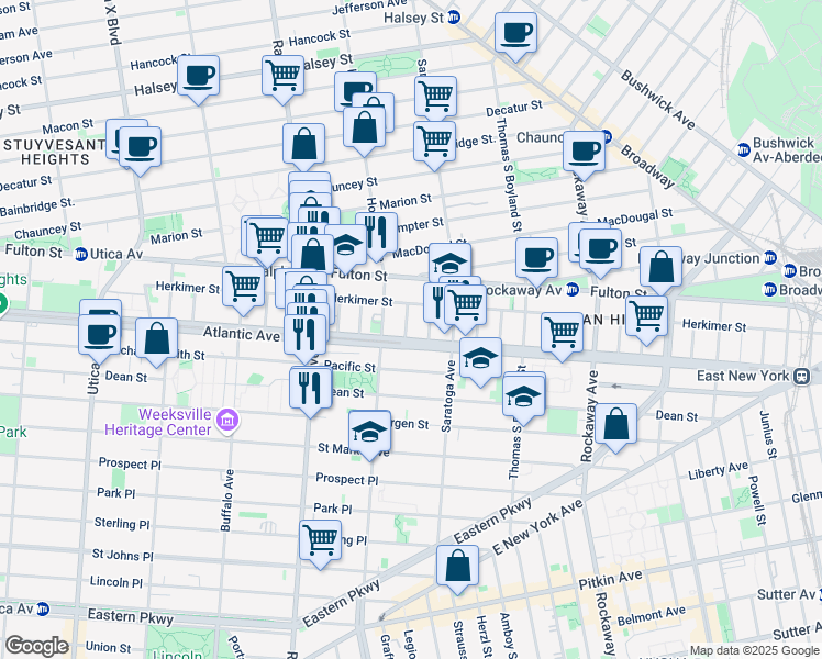 map of restaurants, bars, coffee shops, grocery stores, and more near 30 Dewey Place in Brooklyn