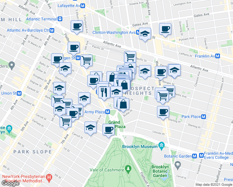 map of restaurants, bars, coffee shops, grocery stores, and more near 231 Park Place in Brooklyn