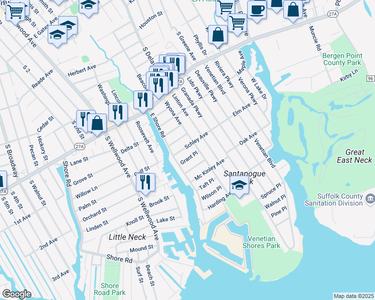map of restaurants, bars, coffee shops, grocery stores, and more near 22 Schley Avenue in Lindenhurst