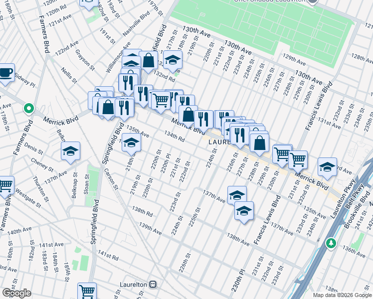 map of restaurants, bars, coffee shops, grocery stores, and more near 135-02 221st Street in Queens