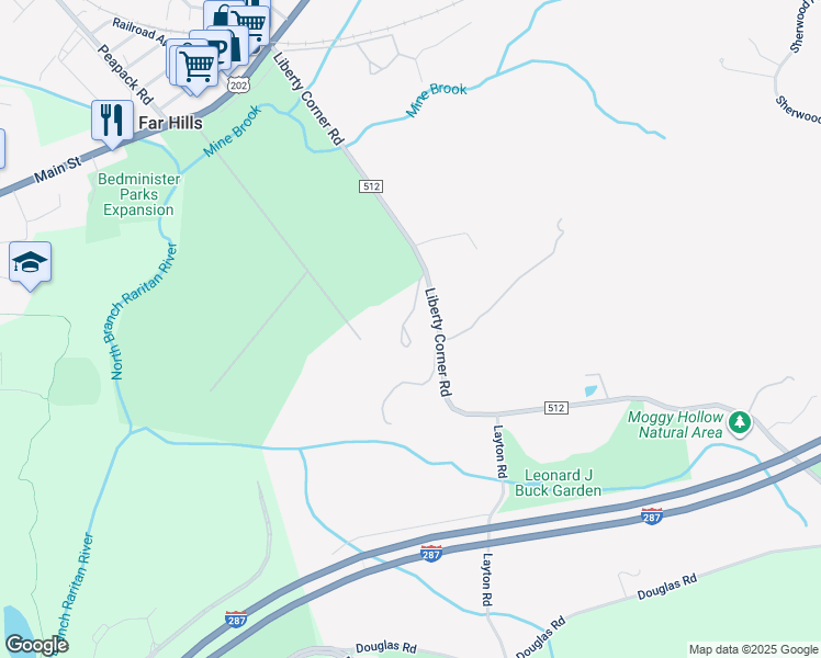 map of restaurants, bars, coffee shops, grocery stores, and more near 132 Liberty Corner Road in Far Hills