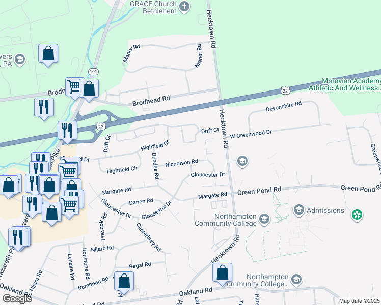 map of restaurants, bars, coffee shops, grocery stores, and more near 3936 Nicholson Court in Bethlehem