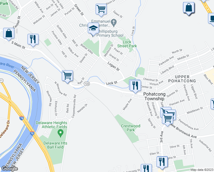 map of restaurants, bars, coffee shops, grocery stores, and more near 1217 South Main Street in Phillipsburg