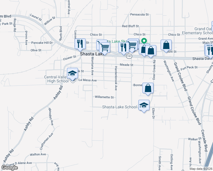 map of restaurants, bars, coffee shops, grocery stores, and more near 1919 Locust Avenue in Shasta Lake